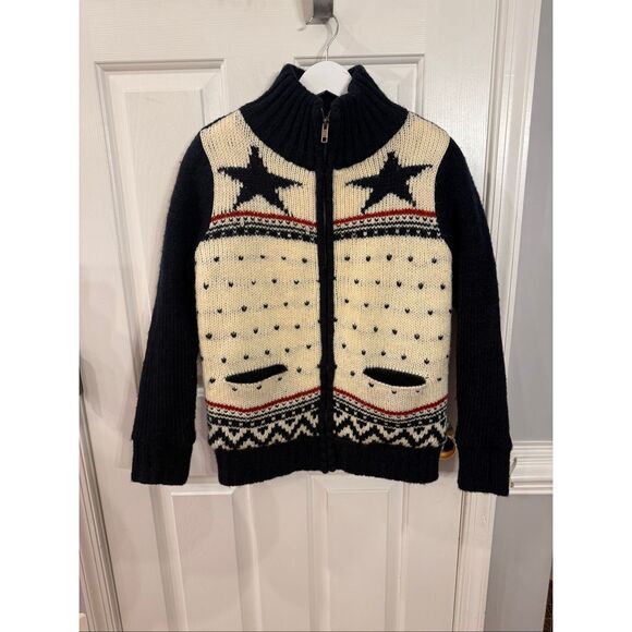 Vintage Design United Fleece Lined Navy & Cream Star Zip Up Cardigan Sweater sz - Picture 1 of 7